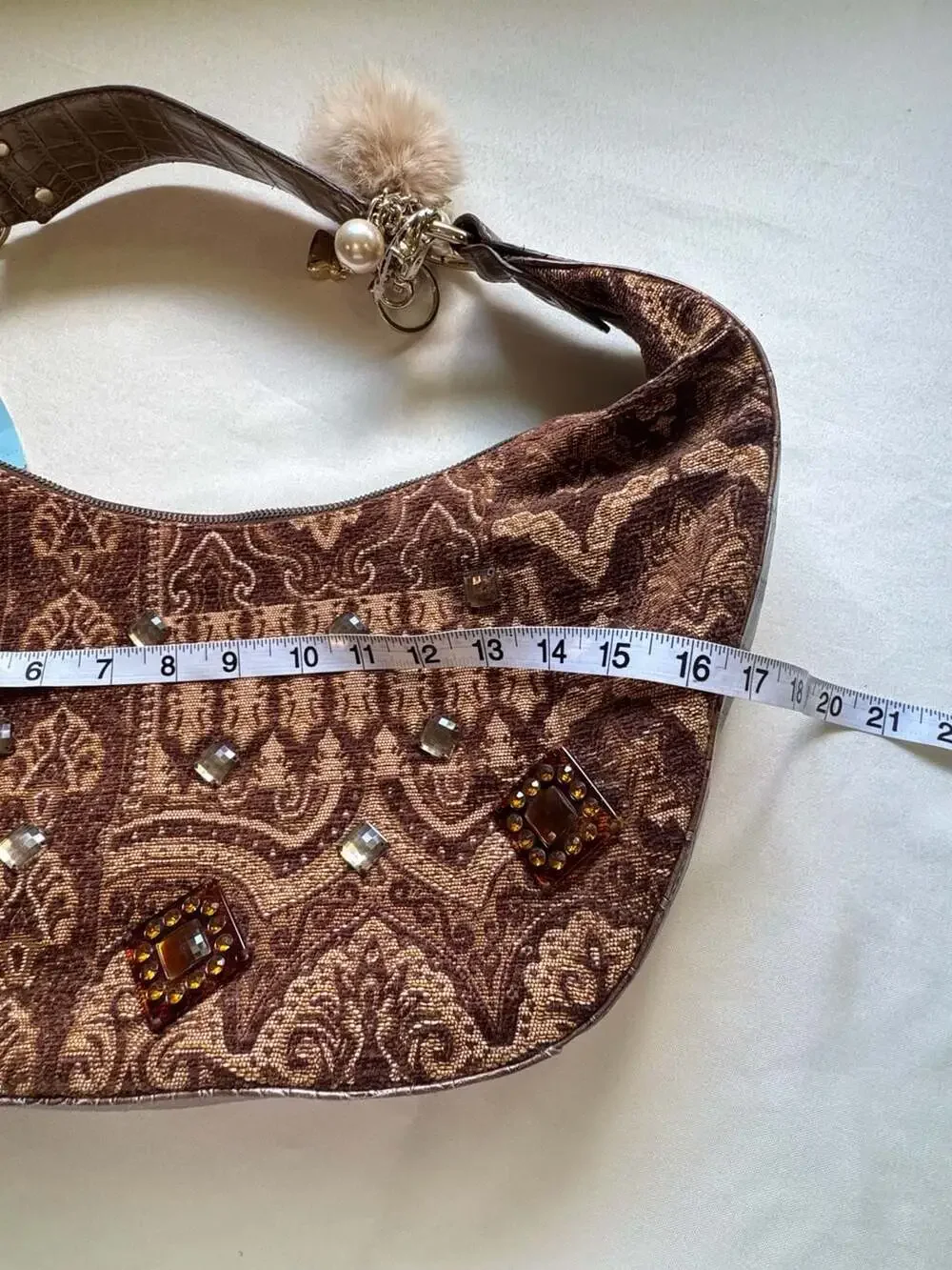 Y2K Tapestry Baguette Hobo Bag Rhinestone Charm Faux Fur Boho Maximalist NWT